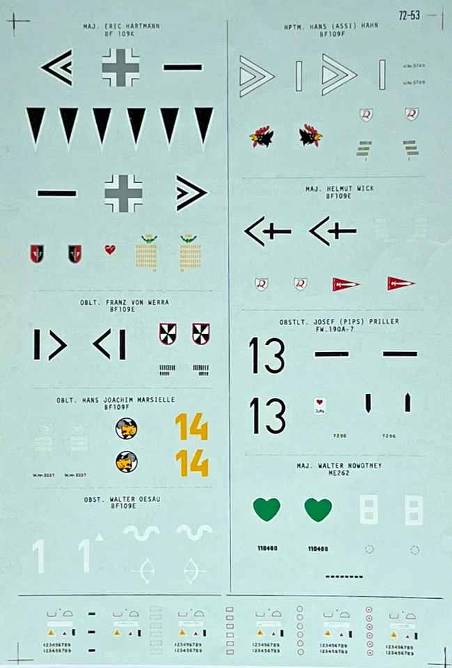 Microscale Decals : WW2 Luftwaffe Aces Hartmann, von Werra, Oesau,   1/72 scale - Image 1 of 1