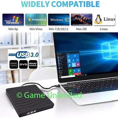 Slim USB 3.0 CD/DVD Writer Burner Player ASUS HP Dell Lenovo LINUX Windows PC - Image 1 of 3