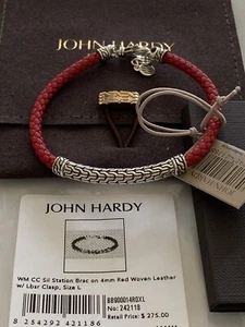 JOHN HARDY 4mm Red Woven Leather Bracelet W/ Silver Station Size L - Picture 1 of 10