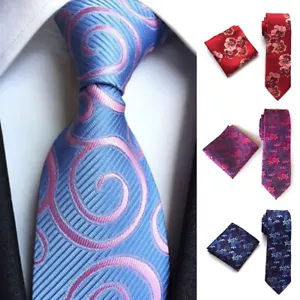 Mens Jacquard Necktie and Square Handkerchief Set Pocket Towel Wedding Business - Picture 1 of 39