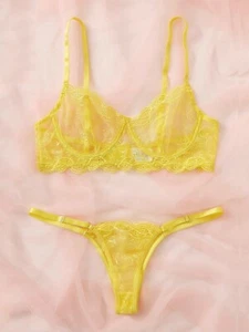 NEW Sexy Yellow Embroidered Mesh Underwire Lingerie Set Size Small - Picture 1 of 3