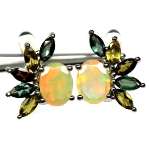 925 Argento Sterling Multicolore Opale & Decorato Colore Tormalina Orecchini - Foto 1 di 4