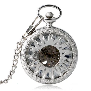 Silver Hollow Sunflower Cover Unisex Automatic Mechanical Pendant Pocket Watch - Picture 1 of 12