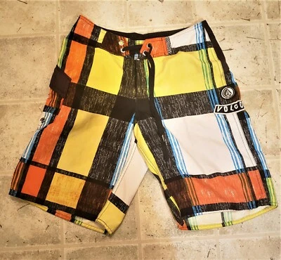 Volcom Boardies Board Shorts, 4 Way Stretch, black/yellow/orange plaid Size 28 - Image 1 of 4