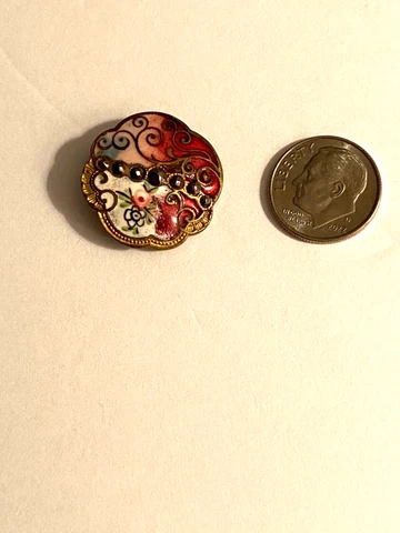 Antique Vintage French Champleve Enamel Button With Pink Rose 7/8” cut steel Cover