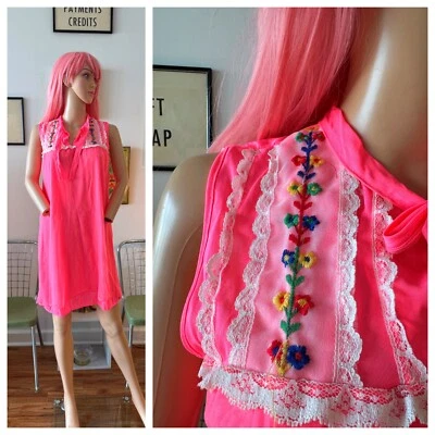 💖 Mini Vestido Sin Mangas De Colección Años 60 Rosa Neón Doble Nylon Hippie Boho Flores M Foto 1 de 4