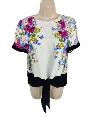 WOMENS OASIS UK 10 WHITE FLORAL SHORT SLEEVE TIE FRONT CASUAL WORK BLOUSE TOP - Image 1 of 4