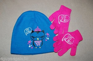 Girs TURQUOISE STOCKING HAT Pink Gloves Set OWL Tiara LOVE IS ALL WE NEED - Picture 1 of 1