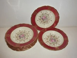 Stunning Set 8 Vintage Rosenthal Bavaria Soup Bowls, Deep Red, Gold Tone Florals - Picture 1 of 9