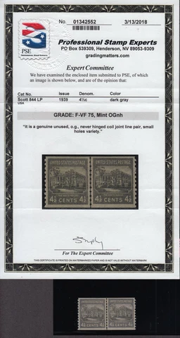 1939 PREXY COIL Sc 844 MNH 4.5c LP small holes variety PSE certificate F-VF 75 Cover