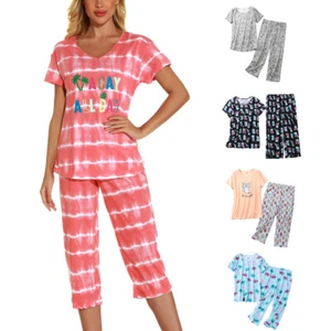 Women Cute Capri Pajama Set V Neck 2 Piece Short Sleeve Top Pants Cartoon Pjs - Picture 1 of 50