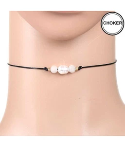 CHOKER Black Leatherette Cord Freshwater Pearl White Stones 12" Choker Necklace - Picture 1 of 1