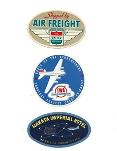 3 PEGATINAS DE EQUIPAJE VINTAGE DÉCADA DE 1950: TWA, UNITED AIRLINES, HAKATA IMPL HOTEL JAPÓN - Imagen 1 de 1