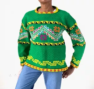 Peruanischer Pullover mit handgefertigtem Muster - grün / gelb Wolle - M / UK 12 - Bild 1 von 8