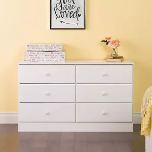 White Wooden 6 Drawer Double Dresser Chest of Drawers Clothes Storage Cabinet - Picture 1 of 3