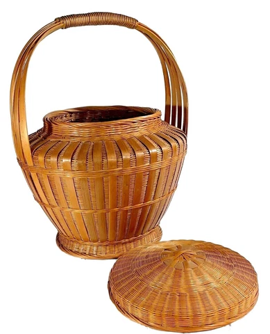 VTG LARGE 70S STYLE 15 X 12 NATURAL WICKER BASKET LID HANDLE SNAKE CHARMER WOVEN Cover