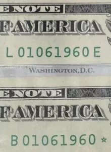 Duplicate 1 Star Note $1 Dollar Bill Matching Pair S/N 01061960* or Oct 6, 1960. - Picture 1 of 3