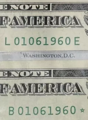 Duplicate 1 Star Note $1 Dollar Bill Matching Pair S/N 01061960* or Oct 6, 1960. - Image 1 of 3