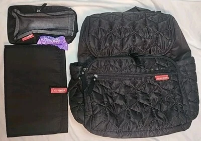 Skip Hop Forma Quilted Diaper Backpack Bag-Black/Teal-Changing Pad-Mesh Wipe Bag - Image 1 of 4
