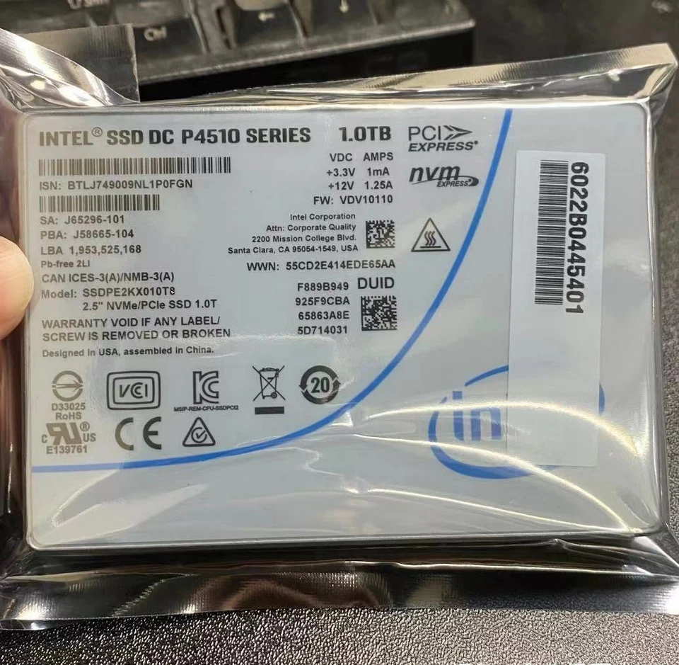 1TB Intel SSD DC P4510 Series NVME U.2 SSDPE2KX010T8 Solid State Drive - Image 1 of 1