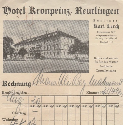 GERMANY Rare Letterhead Invoice HOTEL BRONPRING 1945 - Image 1 of 2
