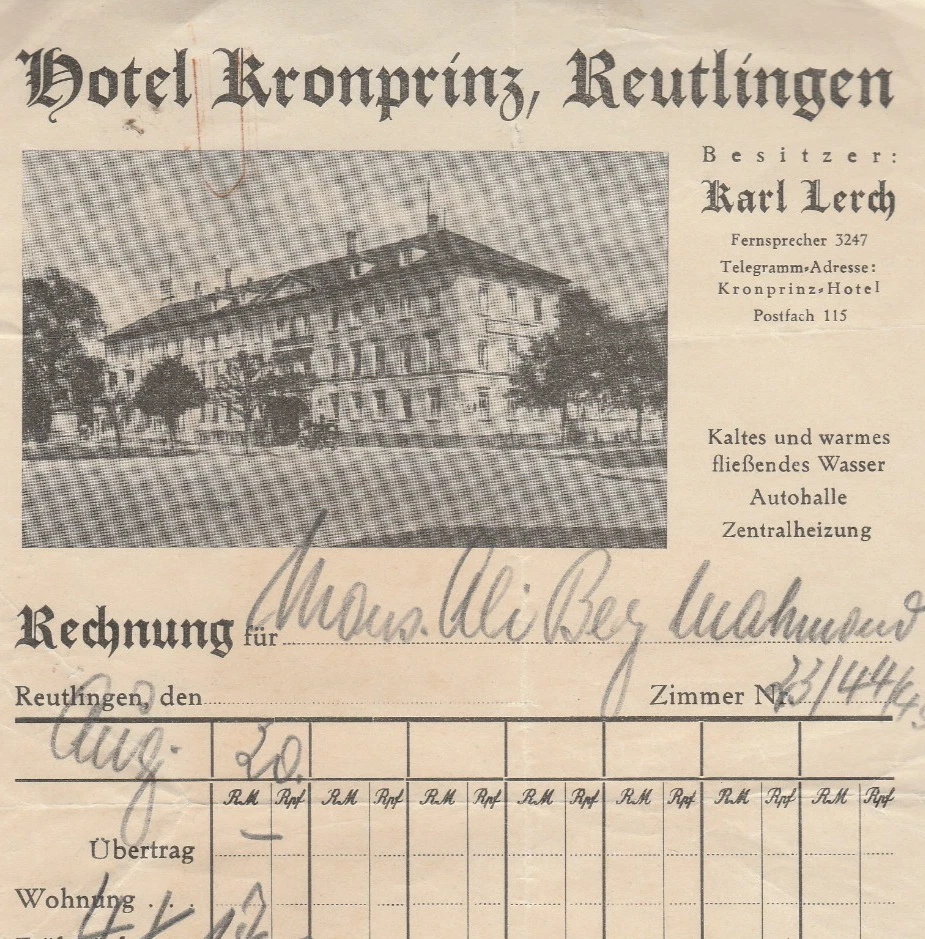 GERMANY Rare Letterhead Invoice HOTEL BRONPRING 1945 - Image 1 of 2