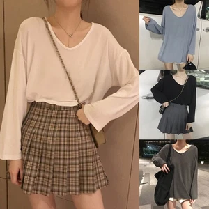 Loose Fit Womens Long Sleeve V Neck Solid Color Casual Top for Year Round - Picture 1 of 22