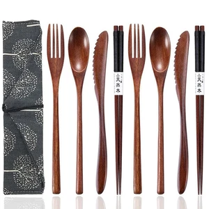 Juego de utensilios de madera reutilizables de 8 piezas con estuche, cuchara, tenedor, palillos para viaje - Imagen 1 de 5