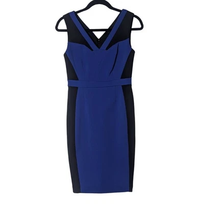 Adrianna Pappell Blue Black Elongating Colorblock Sheath Dress Petite | 4p - Image 1 of 4