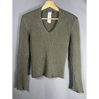 Gianni Versace Vtg 90s Sweater Women's M Green Knit 100% Wool Crop V-Neck - Image 1 of 4