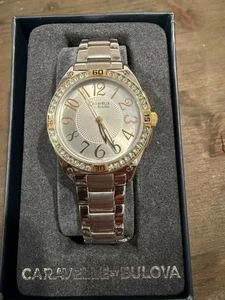 Caravelle by Bulova Silver and Gold Tone Round Ladies Watch 45L132 Rhinestones - Picture 1 of 2