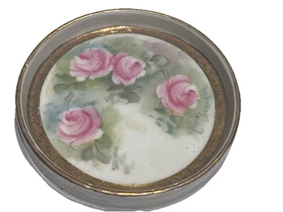 Antique Nippon Hand-Painted Porcelain Salt Cellar/Trinket Pink Roses, Gold L15 - Image 1 of 4