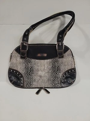 Sharif Genuine Leather Reptile Print Snakeskin Purse Shoulder Bag Black White  - Image 1 of 4