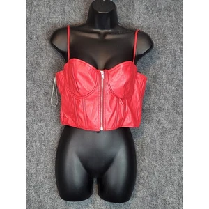 Rotes Kunstleder Bustier Crop Top ärmellos durchgehender Reißverschluss Korsett Stil sexy Clubwear - Bild 1 von 9