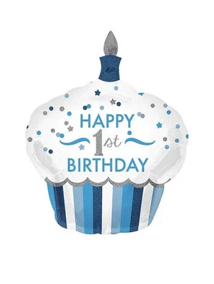 1er Cumpleaños Fiesta Suministros Cupcake Niño Holográfico SuperForma Lámina Globo Azul Foto 1 de 3