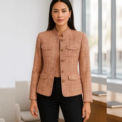 Chaqueta Blazer Lafayette 148 New York Petite Tweed Rosa Tostado Talla 8 Mezcla de Lino Foto 1 de 4