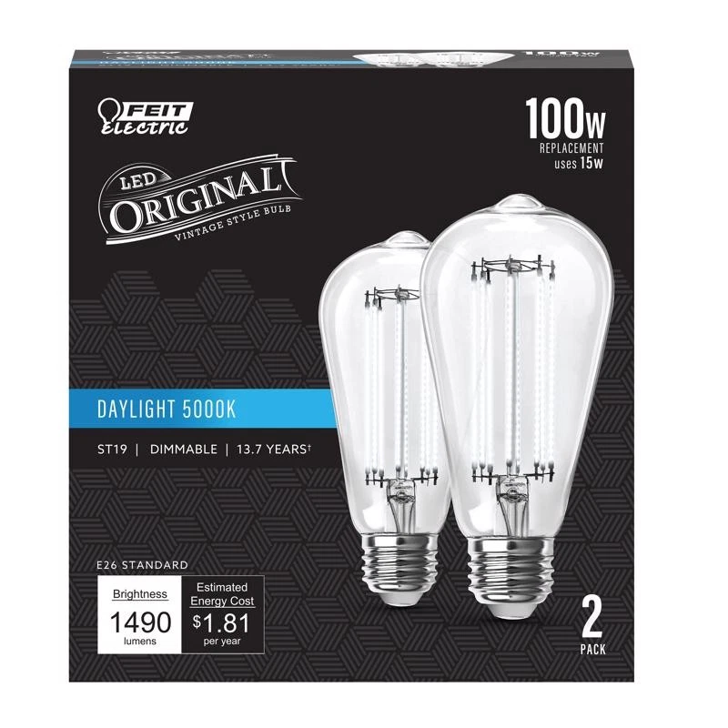 Feit Electric ST19 E26 (Medium) Filament LED Bulb Daylight 100 W 2 pc - Image 1 of 1