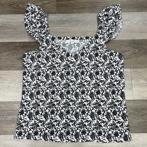 Loft strukturiertes Strick-Tanktop Damen Gr. Large weiß schwarz Blumen Rüschen Schulter - Bild 1 von 6