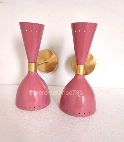 Mid Century 50's 60's Brass Italian pink Diabolo Wall Sconce Light Fixture Lamp Cover