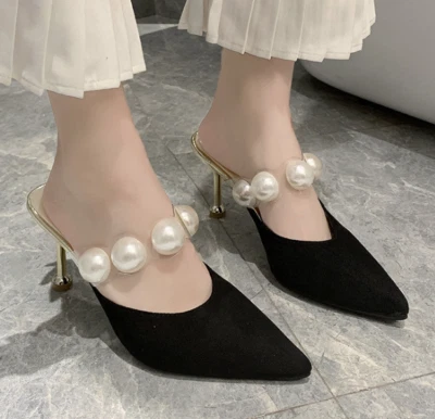Womens Pointed Toe Low Heels Mules Pearls Slippers Stilettos Slip On Slides Shoe - Image 1 of 4