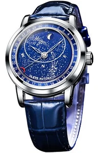 OLEVS Starry Sky Moon Phase Men's Automatic Mechanical Watches Blue Leather L... - Picture 1 of 6