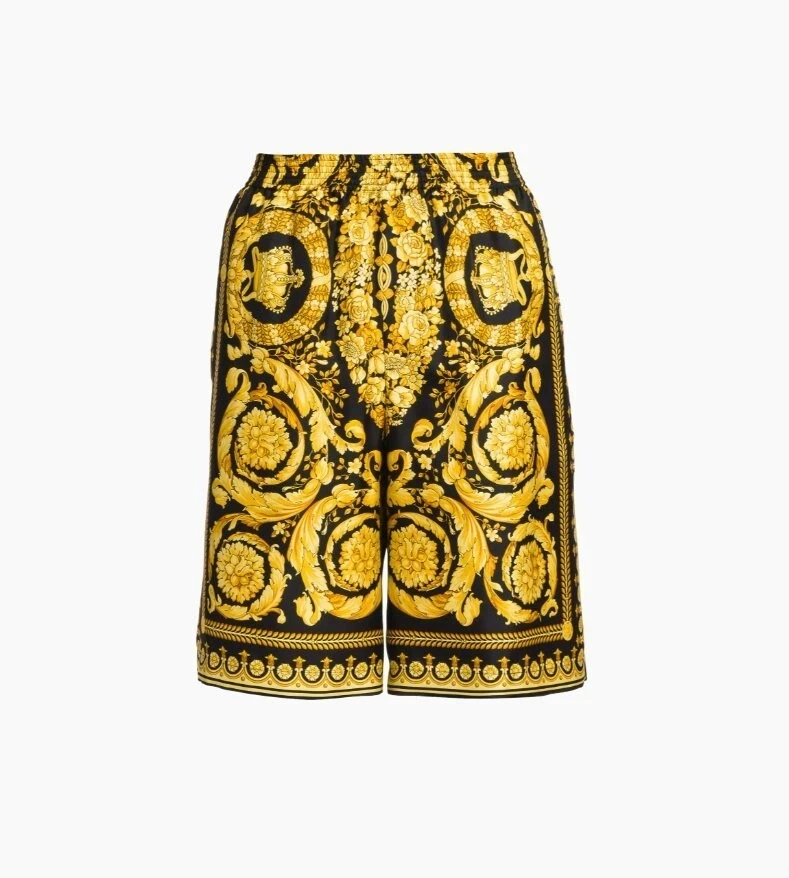 Shorts Versace Borocco estampa preta e dourada 100% seda tamanho 30-40, 46-56 US$ 1.295 novo com etiquetas - Imagem 1 de 4