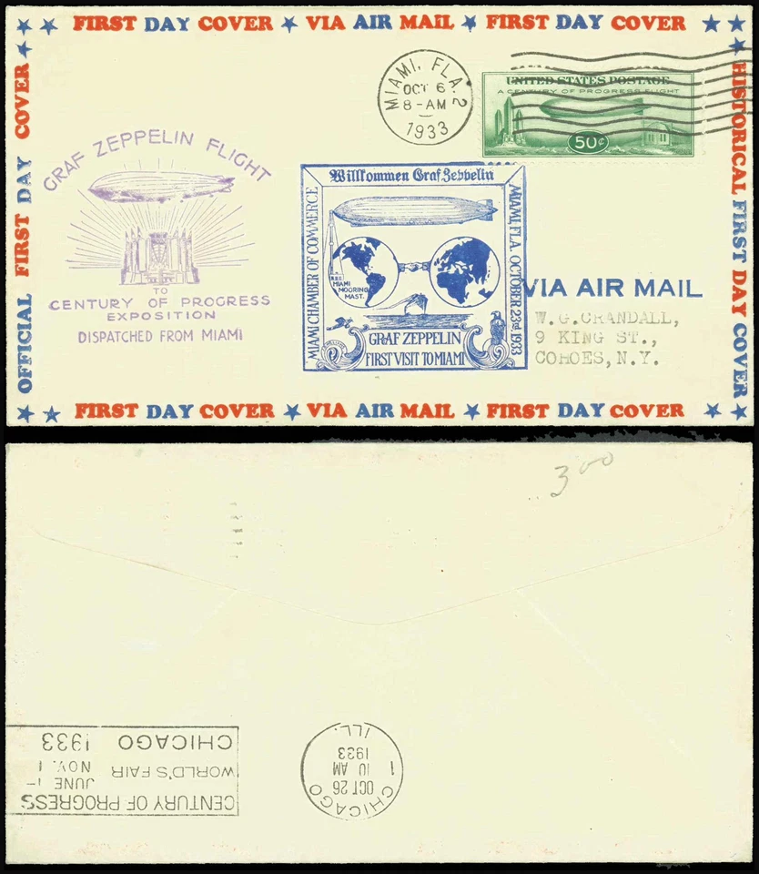 SAVOYSTAMPS-USA Cover-Graf Zeppelin FDC 1933-C18-Miami to Akron Oct 6th, 1933 - Image 1 of 1
