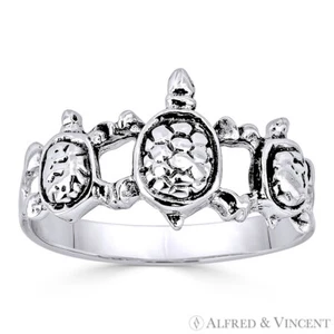 Triple Tortoise / Turtle Animal Charm Right-Hand Ring .925 Sterling Silver Band - Picture 1 of 1