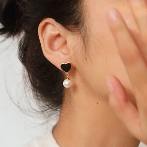 Non Tarnish Gold Plated Black Heart Hoop Huggies Drop Earrings-E009 - Picture 1 of 8