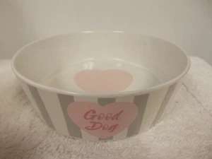 10 Strawberry Street Grey Stripes Pink Heart Good Dog Water Food Bowl Dish New - Picture 1 of 5