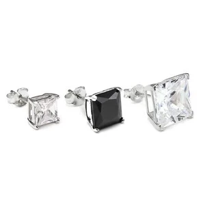 Sterling Silver Square CZ Crystal Mens Ear Stud / Single / Clear Black / 4-10mm - Picture 1 of 28