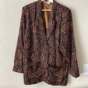 Chaqueta Blazer Vintage Años 90 Dama Sansabelt Marrón Geométrica Talla 12 Grande - Imagen 1 de 5