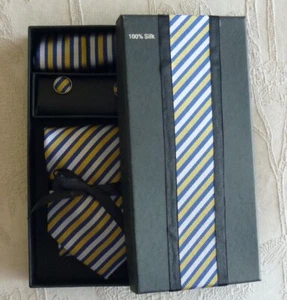 100% SILK TIE CUFF LINKS & KERCHIEF CLASSIC DIAGONAL STRIPE SILVER BLUE GOLD 054 - Picture 1 of 4