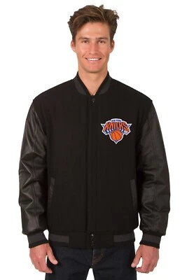 Chaqueta reversible de cuero de lana de los New York Knicks de la NBA parche frontal logotipos negra Foto 1 de 4